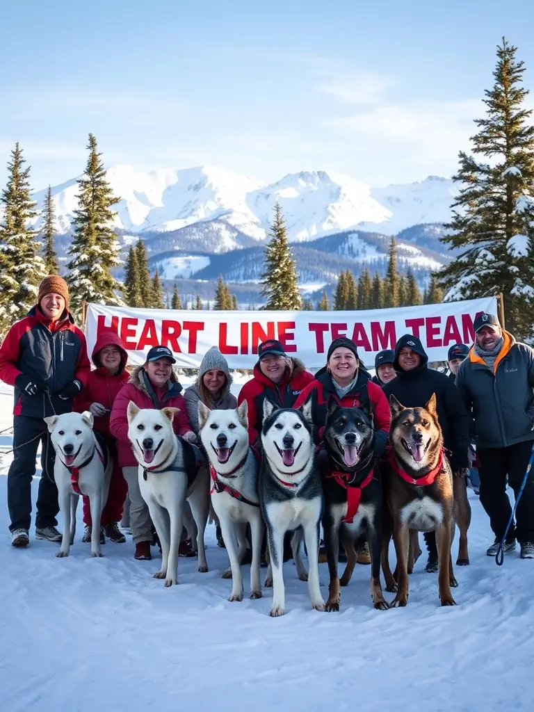 A group of mushers and sled dogs in the snow, celebrating after a successful race, with banners showing 'HEART LINE TEAM' and a backdrop of pine trees and mountains.
