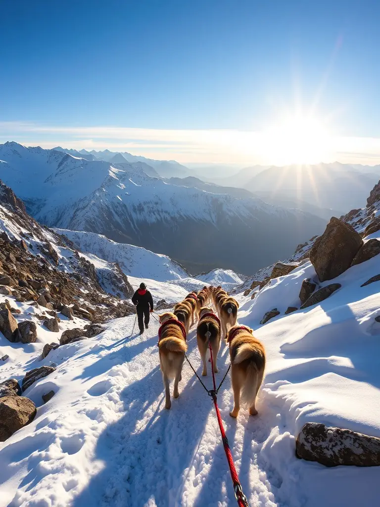 A scenic image of mushers and their dogs on an expedition through the French Alps, traversing rugged terrain with breathtaking mountain views and winter sunlight. This image will highlight the adventurous expeditions organized by HEART LINE TEAM.