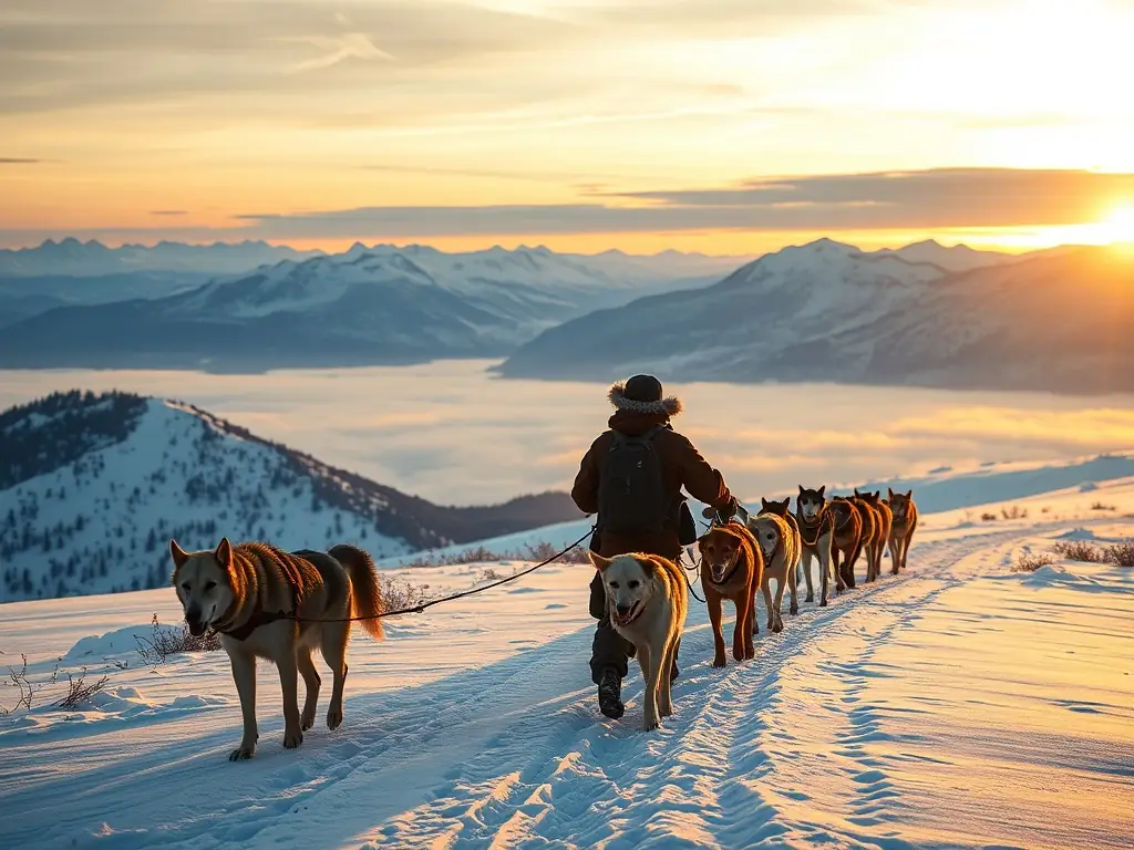 A breathtaking expedition moment: mushers and sled dogs traversing a remote mountain trail at sunrise, with panoramic views and a sense of adventure and discovery.