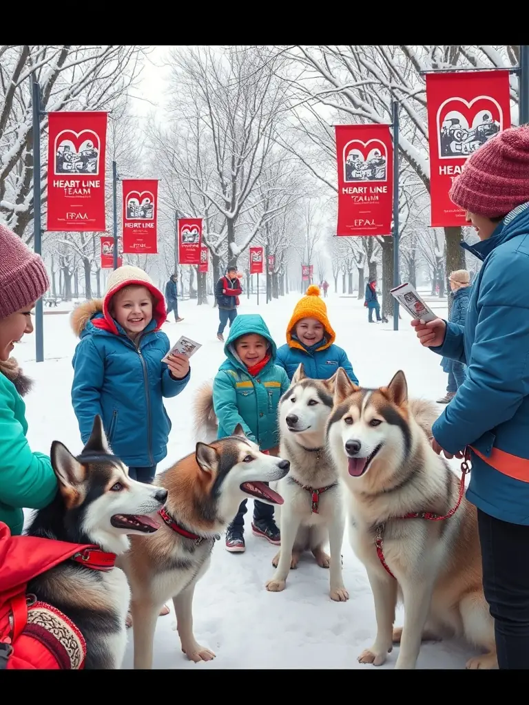 A lively community gathering at a snowy park, with children petting friendly huskies, volunteers sharing information, and banners displaying the HEART LINE TEAM logo.