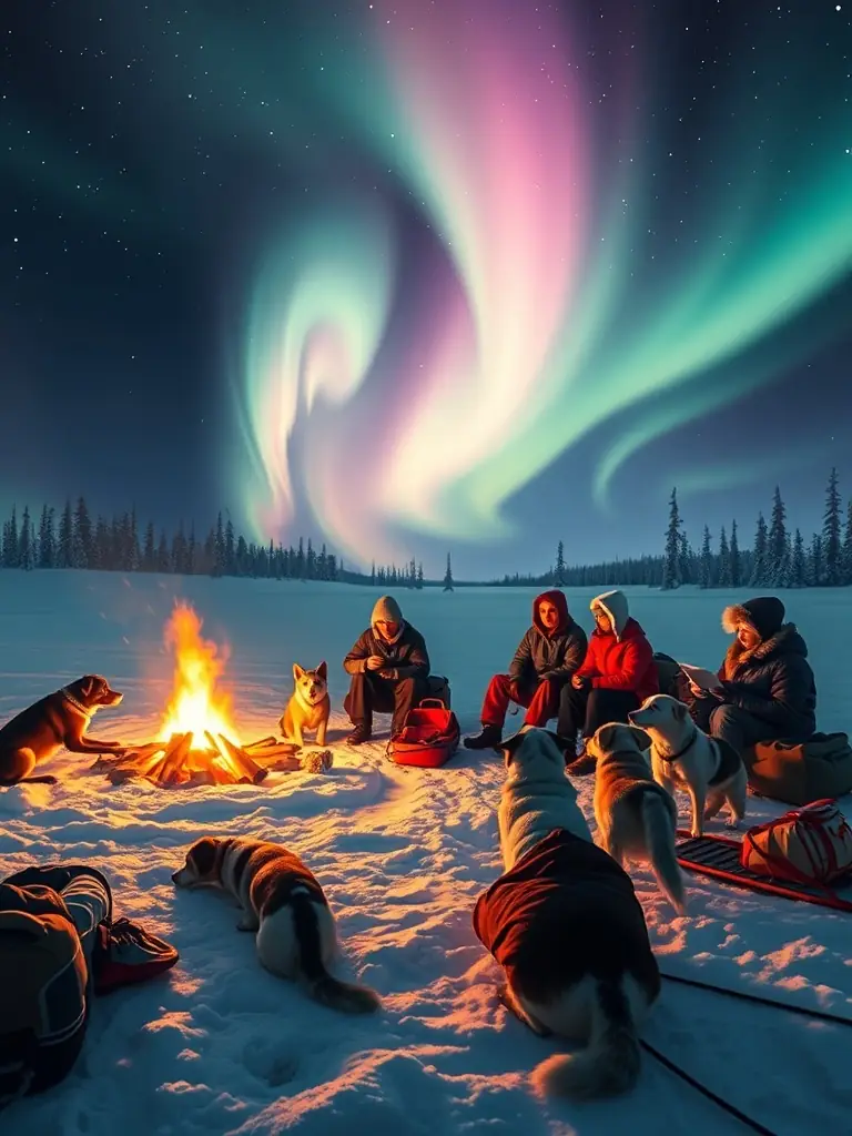 A group of mushers and their dogs gathered around a campfire under the northern lights, with sleds and gear visible, capturing the spirit of adventure for a winter expedition.