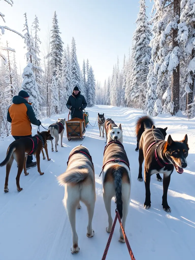 A group of enthusiastic mushers and their sled dogs training together on a snowy forest trail, with harnesses and sleds, under the guidance of an experienced instructor. This image will be used to illustrate the hands-on training sessions offered by HEART LINE TEAM.
