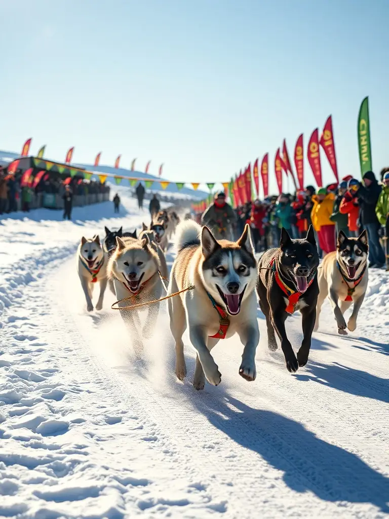 A dynamic action shot of a sled dog team racing across a snow-covered landscape, with cheering spectators and colorful banners in the background. This image will be used to showcase the excitement of competitive races organized by the team.