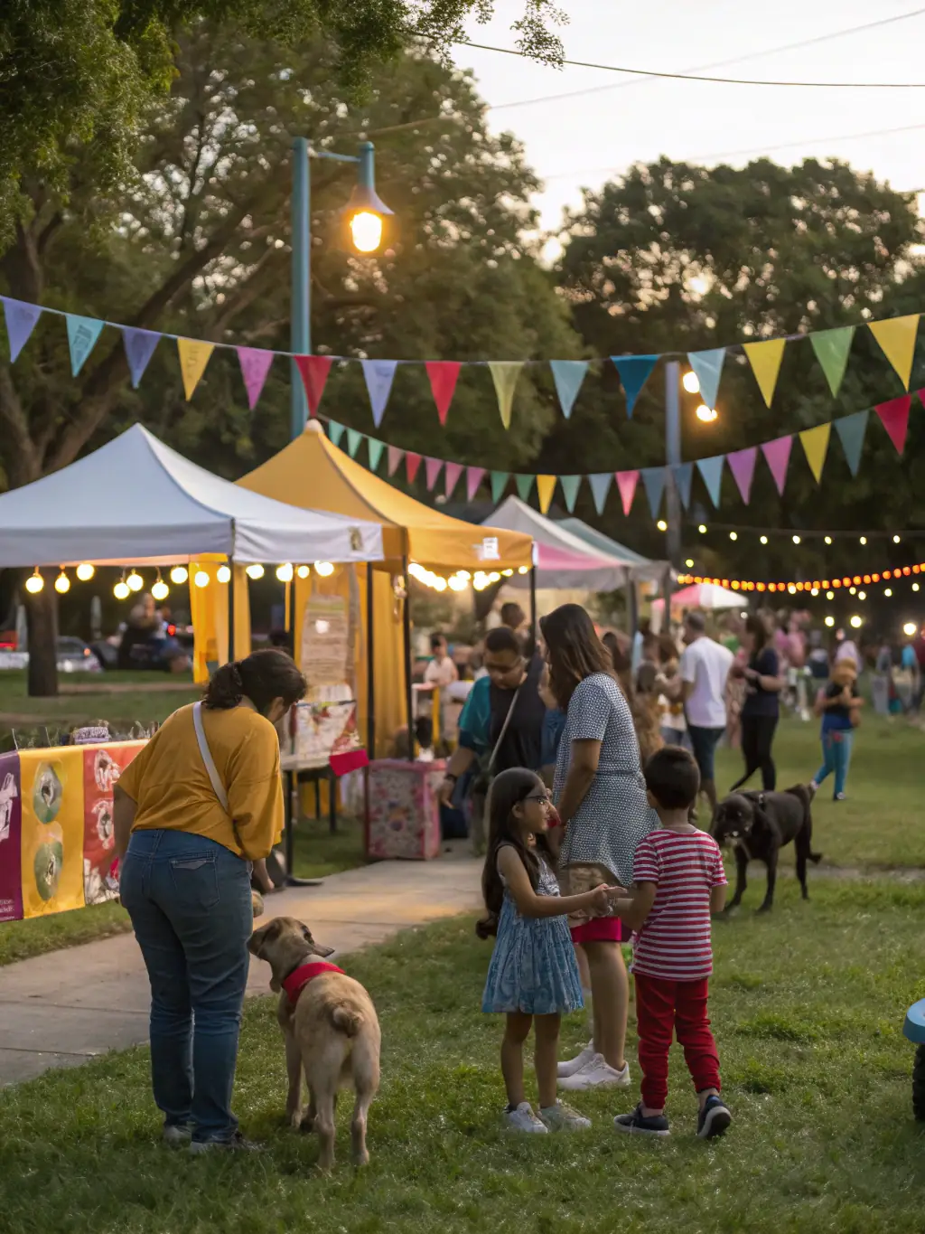 A vibrant community gathering with families, children, and sled dogs interacting at an outdoor event, featuring educational booths and hands-on demonstrations. This image will represent the inclusive community events hosted by the organization.