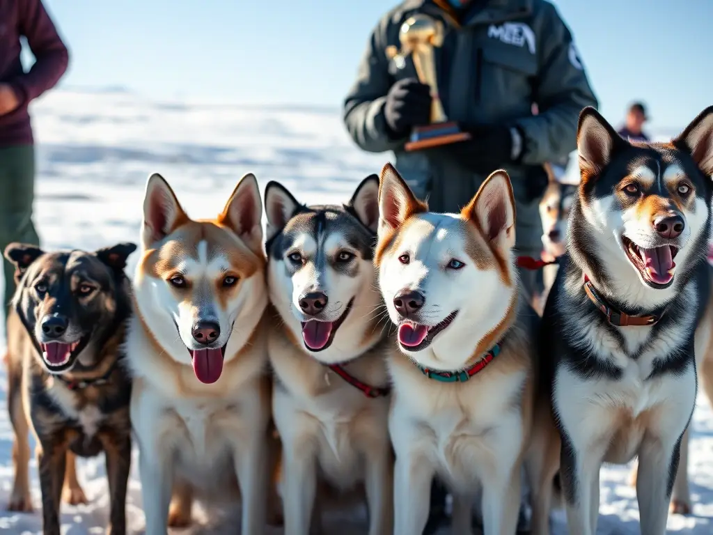 A group of participants learning sled dog handling techniques from experienced trainers, surrounded by attentive huskies and snow-covered pine trees, capturing the spirit of teamwork and education.