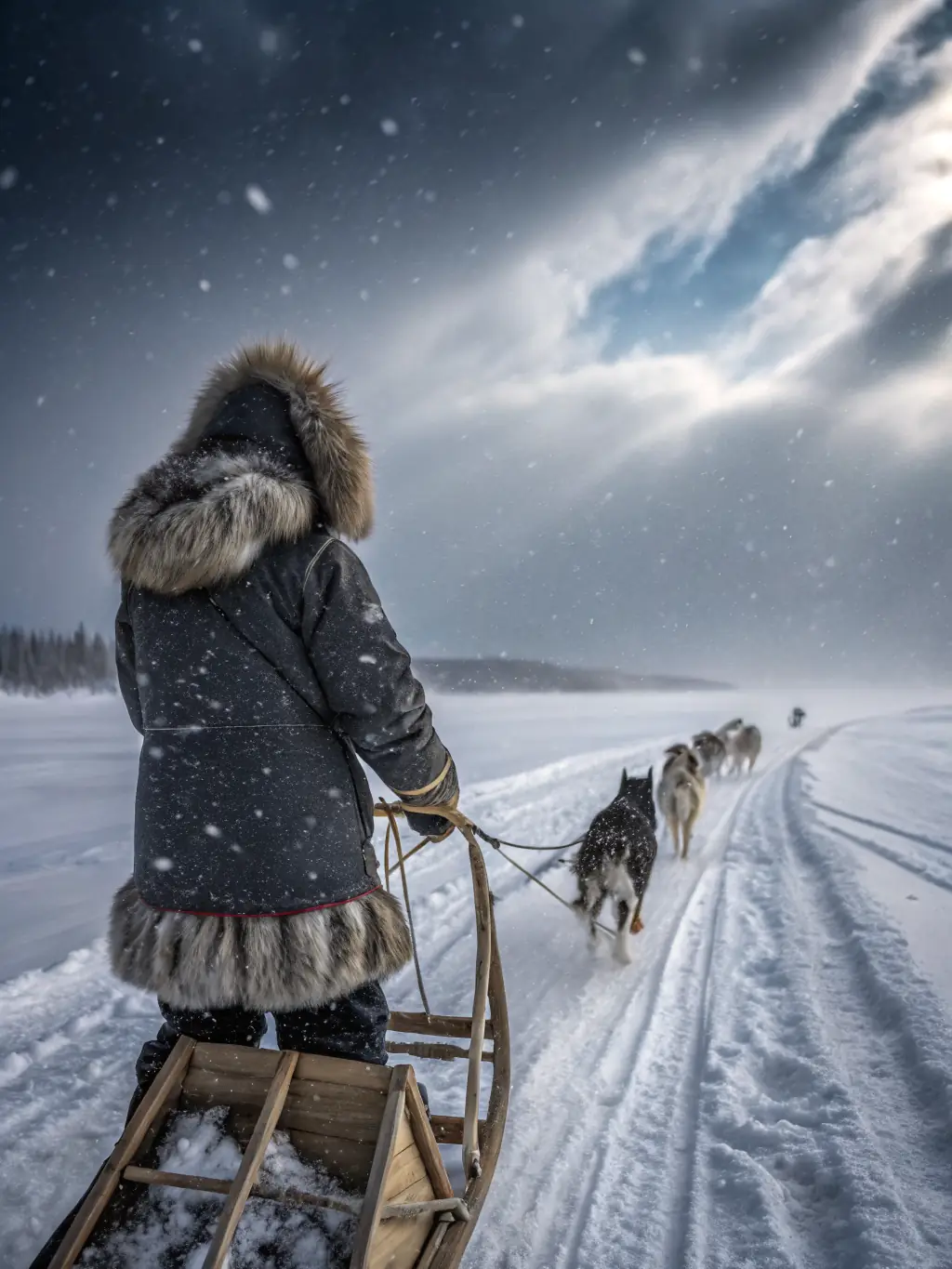 A dynamic action shot of a sled dog team racing through a snowy forest trail in the French Alps, with the musher focused and dogs in full stride, representing the excitement of an upcoming regional race.