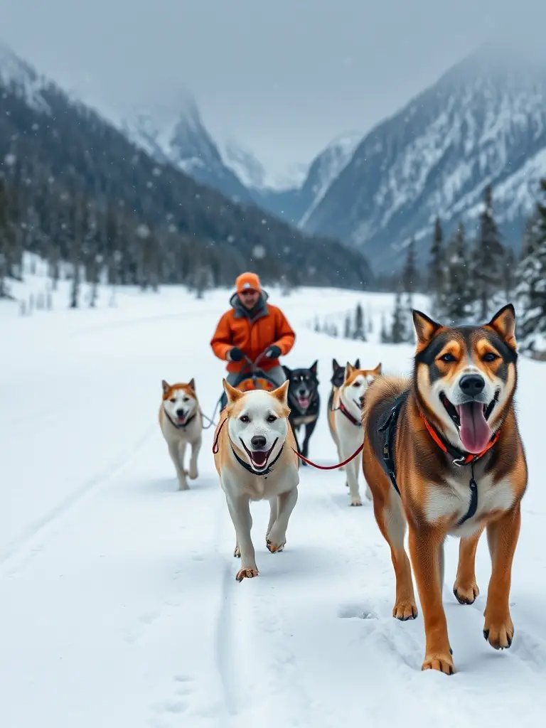 A determined musher and dog team crossing a finish line, with cheering supporters and colorful flags, highlighting the excitement of an international race event.